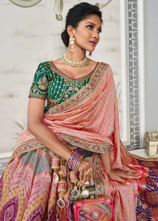 Green and Peach Multicolor Embroidered Banarasi Lehenga Choli