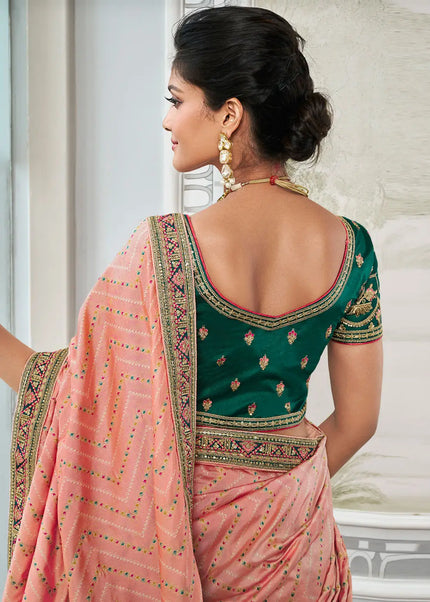 Green and Peach Multicolor Embroidered Banarasi Lehenga Choli