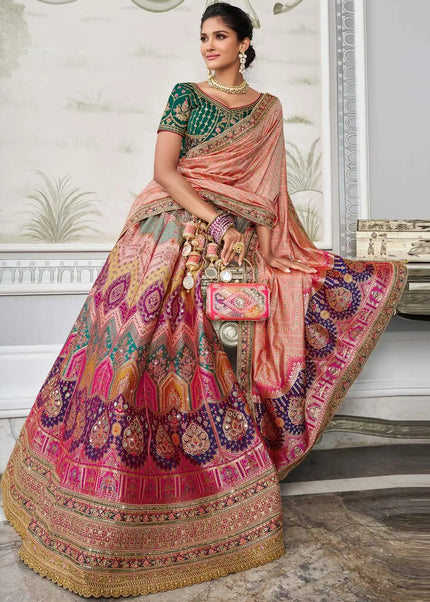 Green and Peach Multicolor Embroidered Banarasi Lehenga Choli