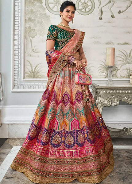 Green and Peach Multicolor Embroidered Banarasi Lehenga Choli