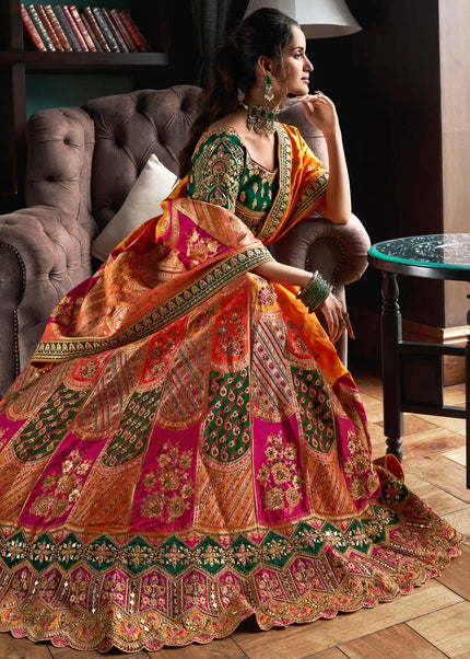 Green and Yellow Multicolor Embroidered Lehenga Choli