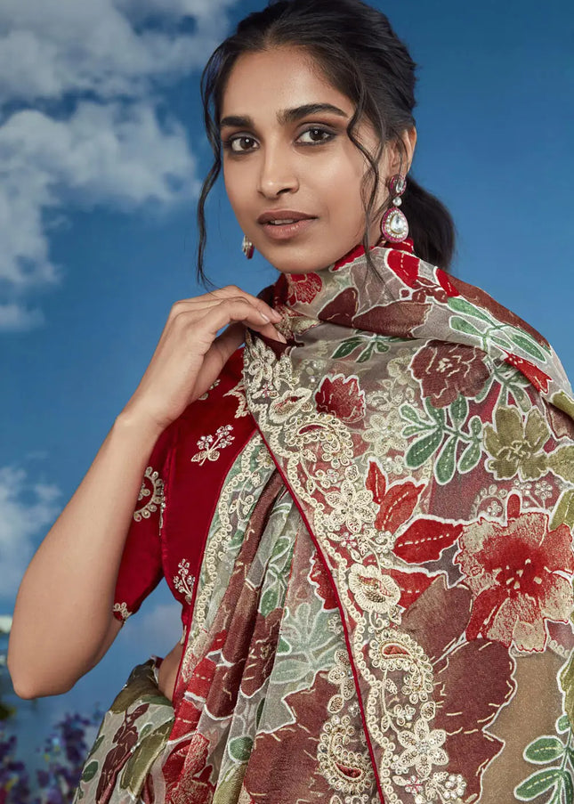 Sea Green and Maroon Embroidered Saree