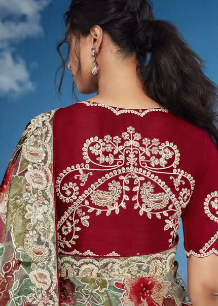 Sea Green and Maroon Embroidered Saree