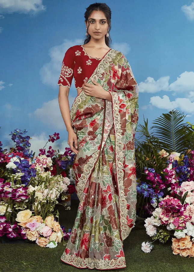 Sea Green and Maroon Embroidered Saree