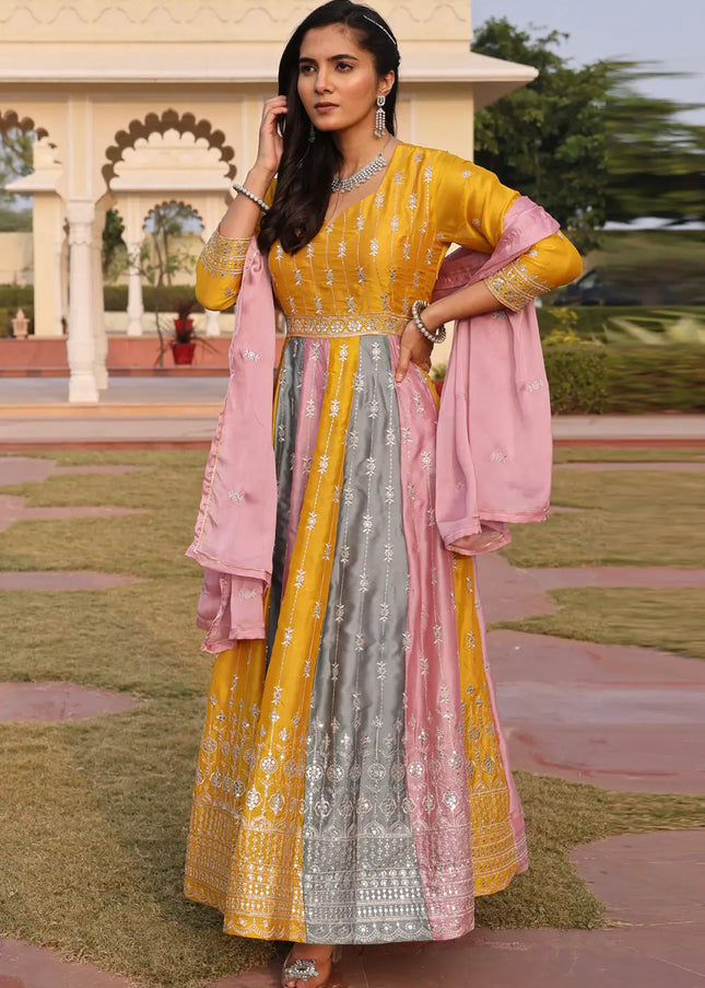 Yellow Multicolor Embroidered Anarkali Gown