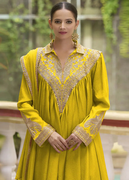 Mustard Embroidered Tulip Pant Suit