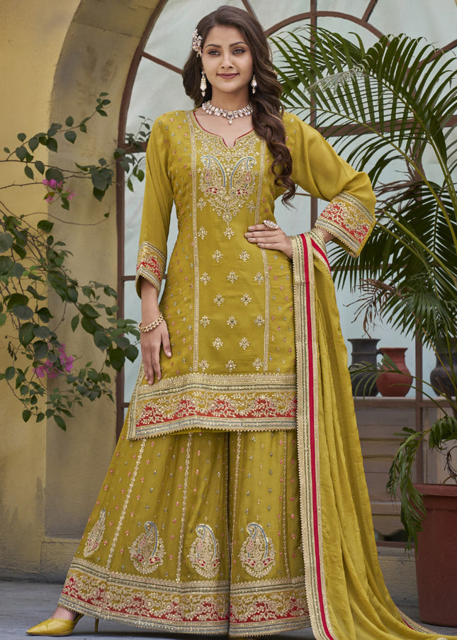 Mustard and Gold Embroidered Sharara Suit