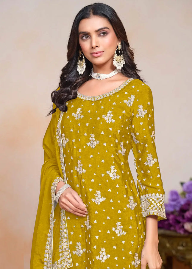 Mustard Embroidered Palazzo Suit