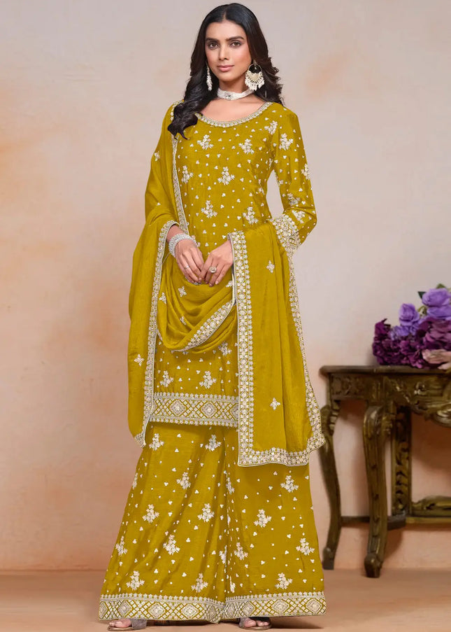 Mustard Embroidered Palazzo Suit