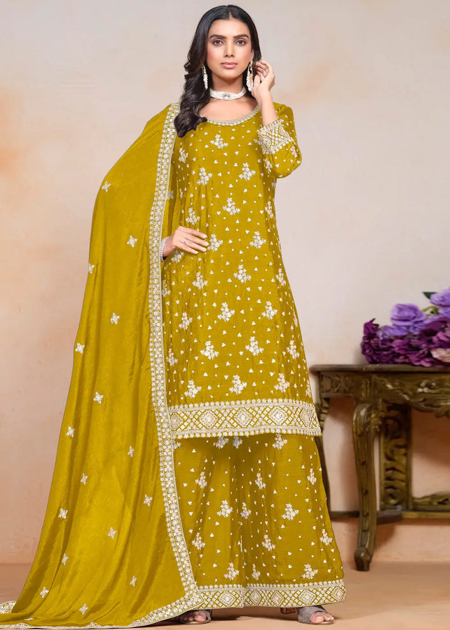 Mustard Embroidered Palazzo Suit