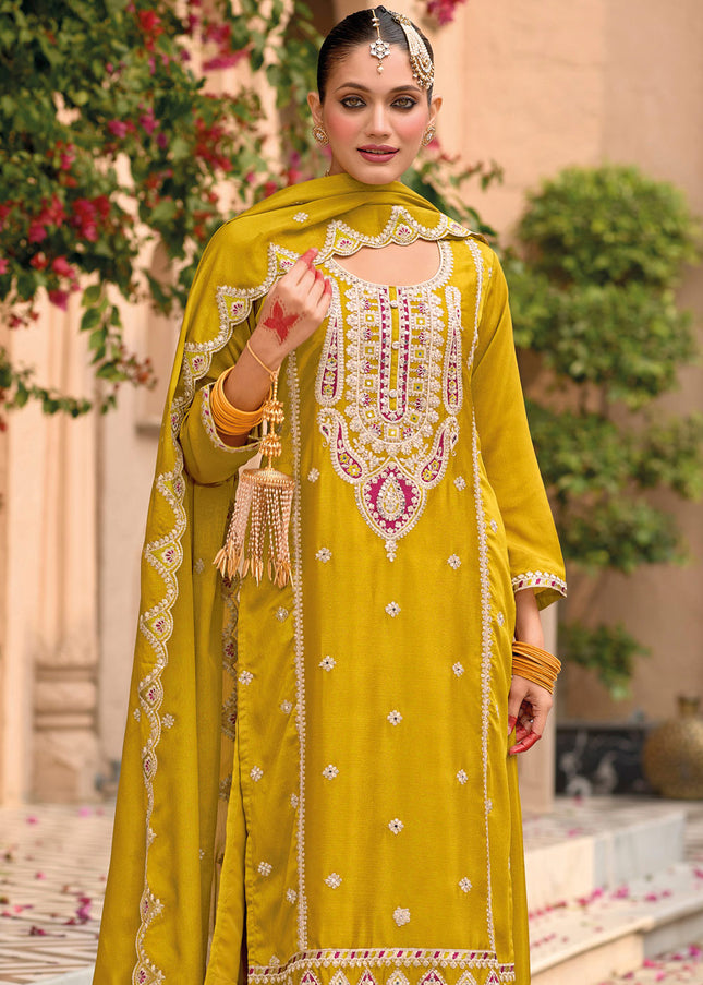 Mustard Yellow Embroidered Palazzo Suit