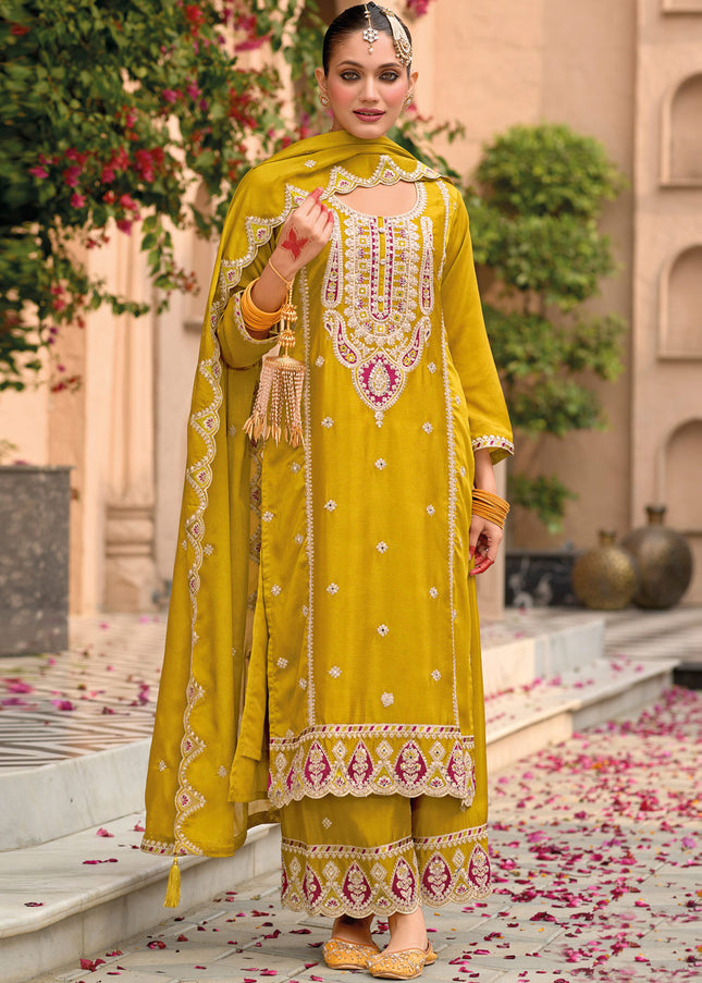 Mustard Yellow Embroidered Palazzo Suit