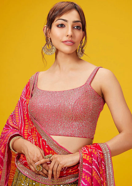 Pink and Green Embroidered Lehenga Choli