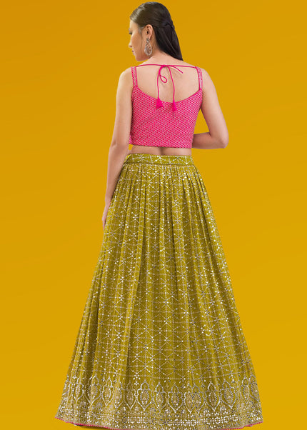 Pink and Green Embroidered Lehenga Choli