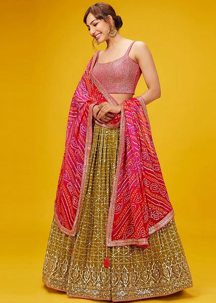 Pink and Green Embroidered Lehenga Choli