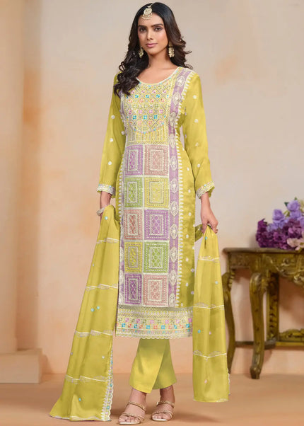 Mustard Embroidered Pant Style Suit