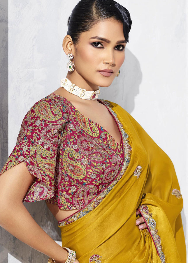 Mustard Yellow Embroidered Festive Saree