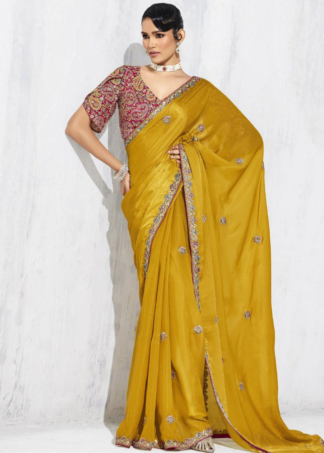Mustard Yellow Embroidered Festive Saree