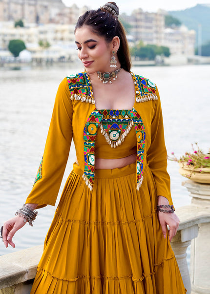 Mustard Yellow Embroidered Jacket Style Lehenga Choli
