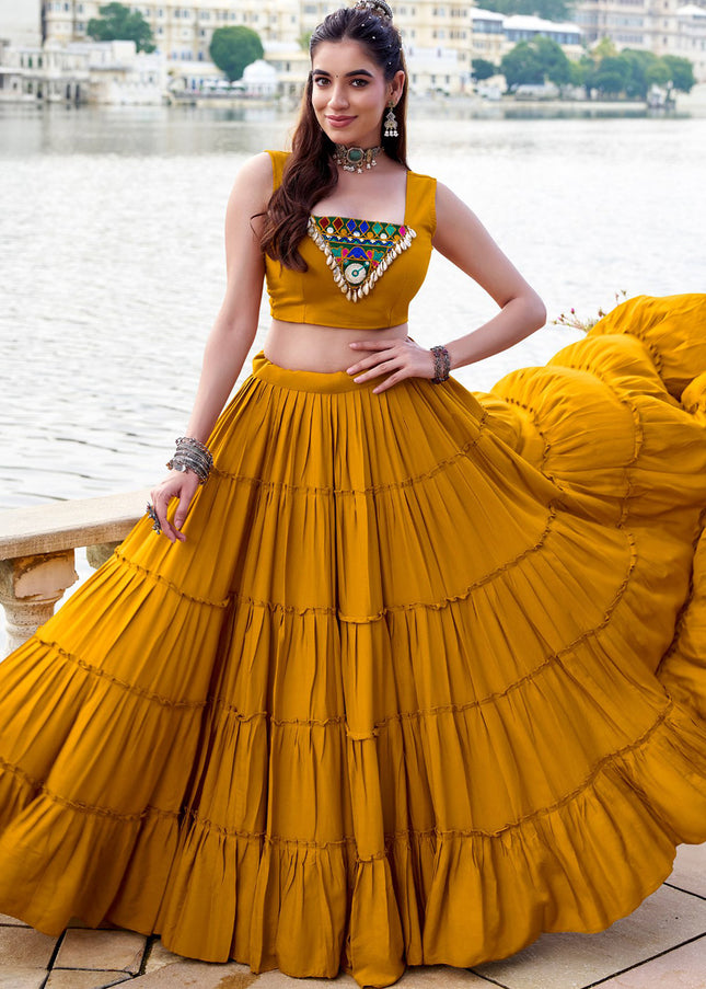 Mustard Yellow Embroidered Jacket Style Lehenga Choli