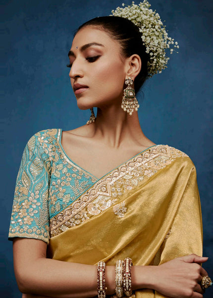 Mustard Yelllow and Teal Embroidered Festive Saree