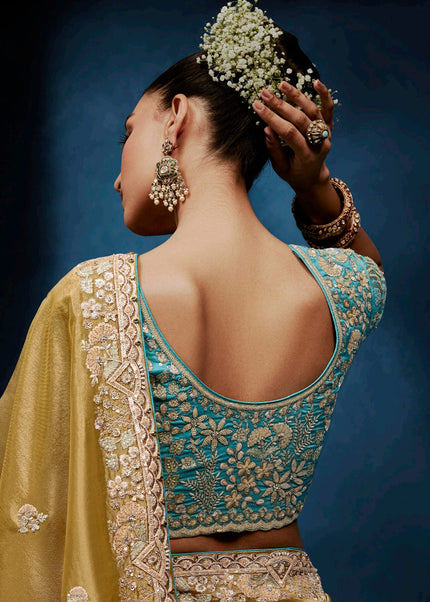 Mustard Yelllow and Teal Embroidered Festive Saree
