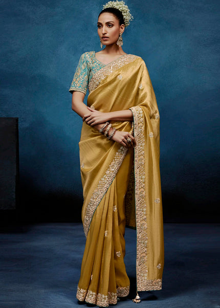 Mustard Yelllow and Teal Embroidered Festive Saree