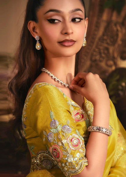 Mustard Yellow Embroidered Festive Saree