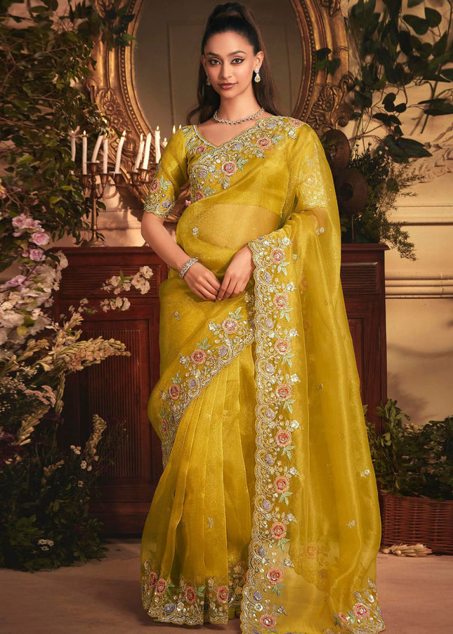 Mustard Yellow Embroidered Festive Saree