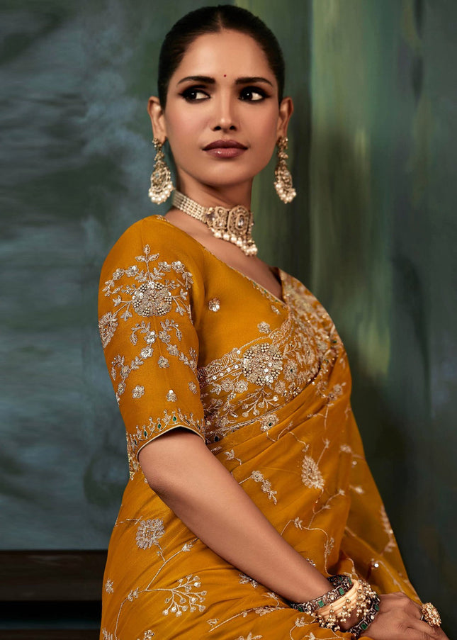 Mustard Yellow Embroidered Festive Saree