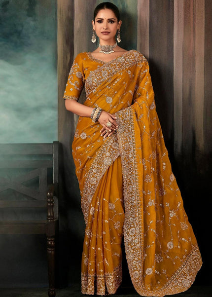 Mustard Yellow Embroidered Festive Saree