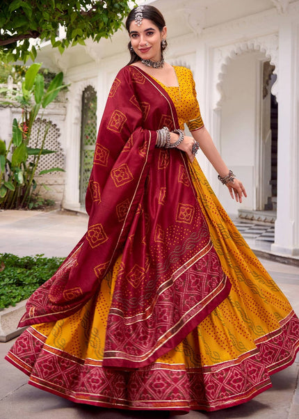 Yellow and Maroon Printed and Embroidered Lehenga Choli