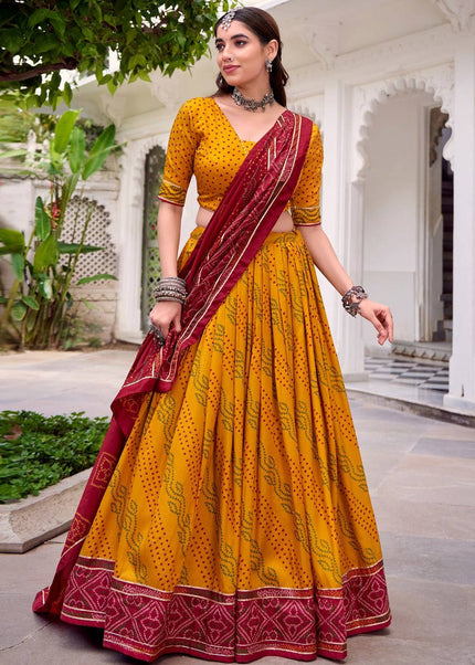 Yellow and Maroon Printed and Embroidered Lehenga Choli
