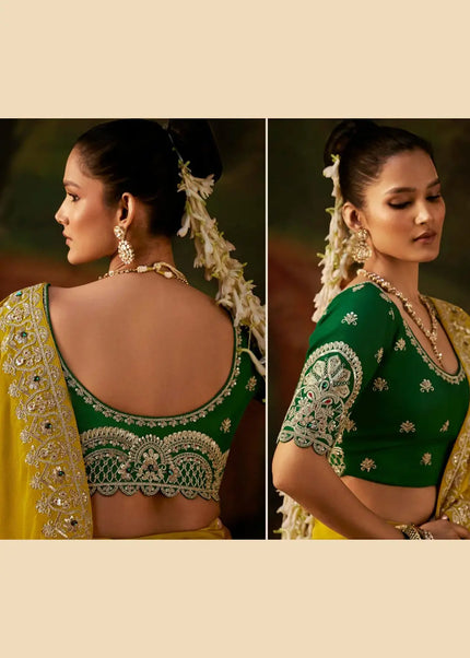 Mustard Yellow and Green Embroidered Festive Saree
