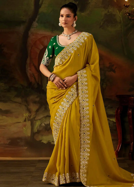 Mustard Yellow and Green Embroidered Festive Saree