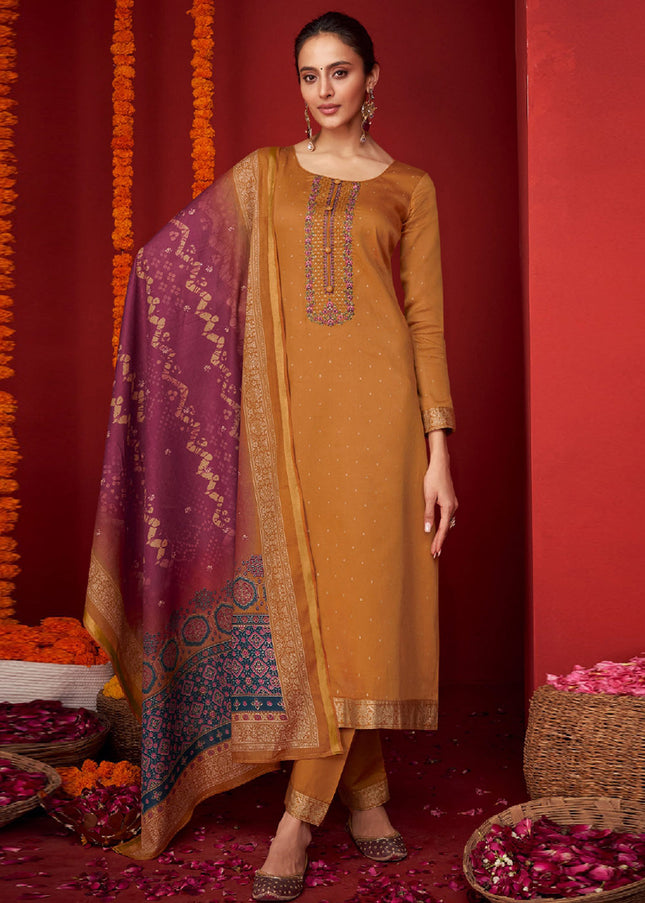 Mustard  Embroidered Straight Cut Suit