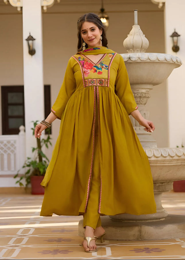Mustard Yellow Printed and Embroidered Pant Style Suit