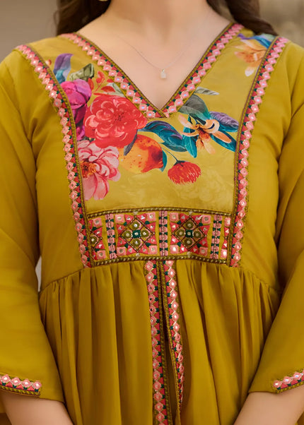Mustard Yellow Printed and Embroidered Pant Style Suit