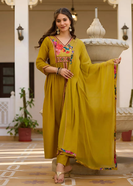 Mustard Yellow Printed and Embroidered Pant Style Suit