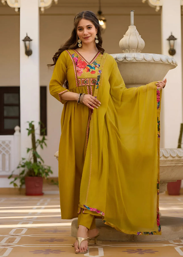 Mustard Yellow Printed and Embroidered Pant Style Suit