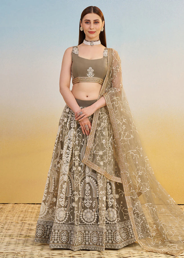 Dark Beige Embroidered Lehenga Choli