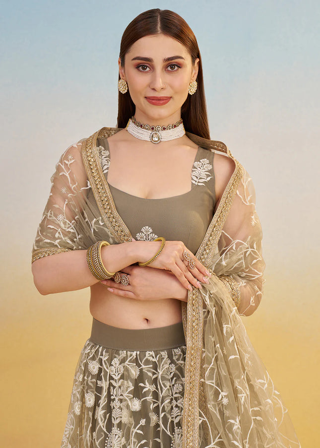 Dark Beige Embroidered Lehenga Choli