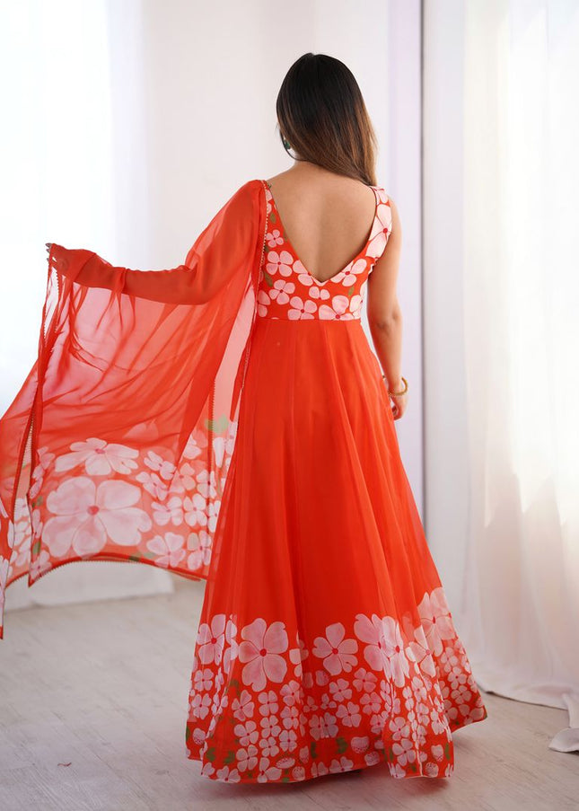 Orange Printed Anarkali Gown
