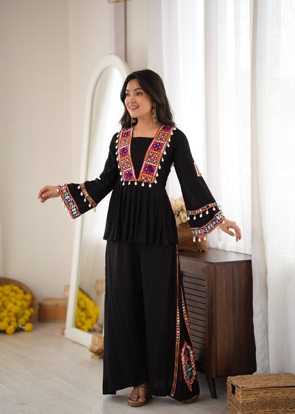 Black Embroidered Palazzo Suit