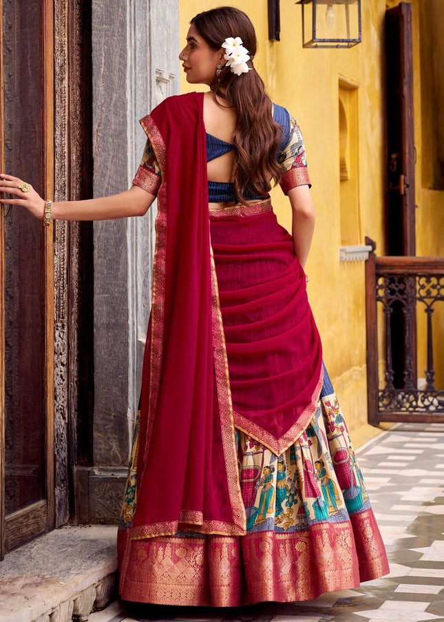 Navy Blue and Maroon Printed and Embroidered Lehenga Choli