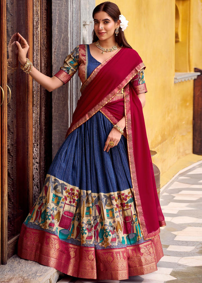 Navy Blue and Maroon Printed and Embroidered Lehenga Choli