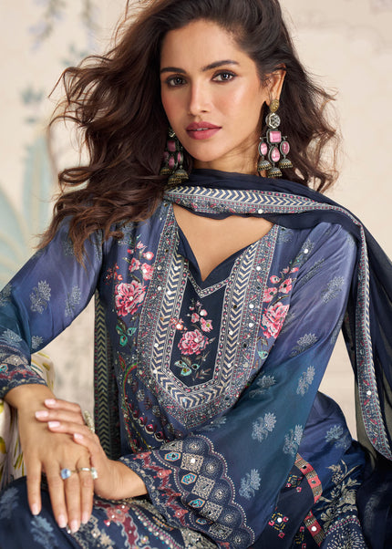 Navy Blue Embroidered Gharara Suit