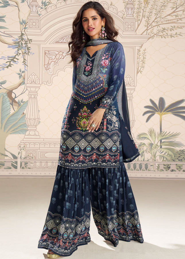 Navy Blue Embroidered Gharara Suit