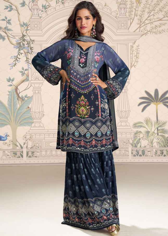 Navy Blue Embroidered Gharara Suit