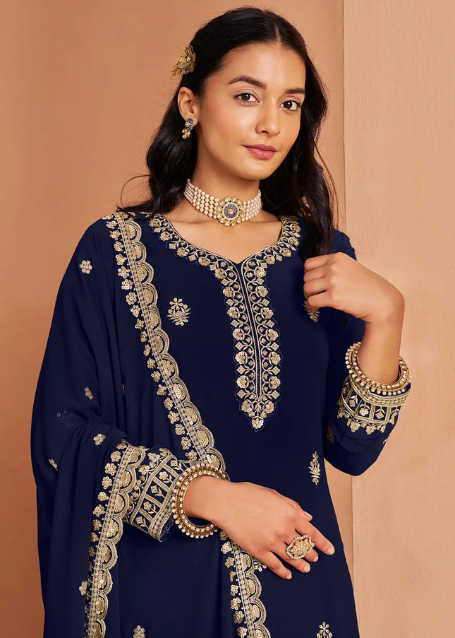 Navy Blue Embroidered Sharara Suit